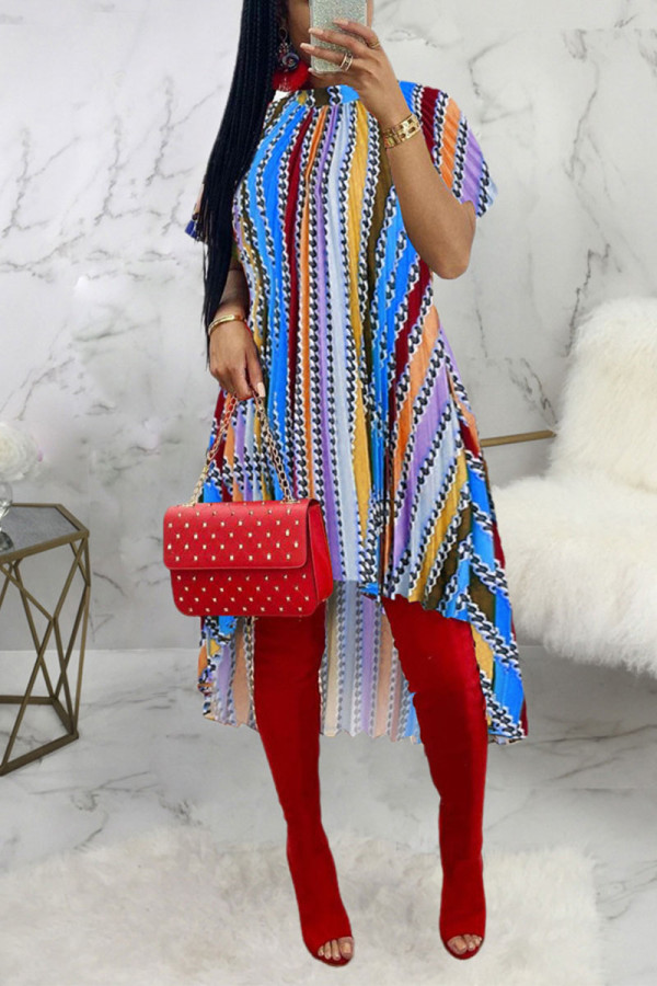 Blue Sexy Striped Patchwork O Neck Irregular Dress Dresses