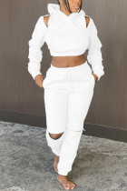 White Casual Street Sportswear Spandex Blends Patchwork Solid Pierced Ripped Hollowed Out Patchwork Draw String Frenulum Pullovers Pants Hooded Collar Long Sleeve Regular Sleeve Short Two Pieces