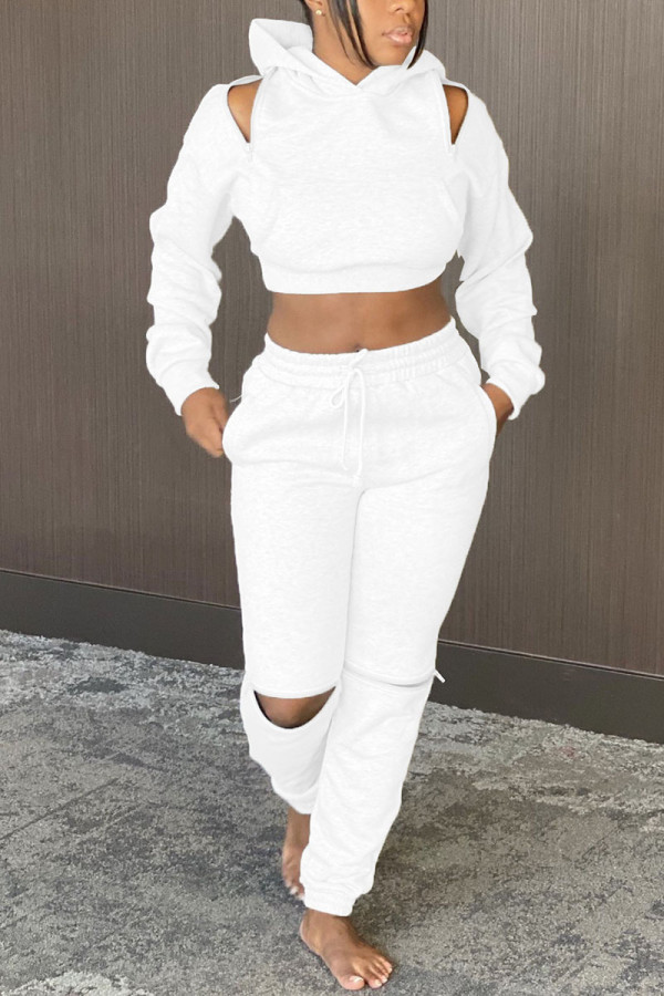 White Casual Street Sportswear Spandex Blends Patchwork Solid Pierced Ripped Hollowed Out Patchwork Draw String Frenulum Pullovers Pants Hooded Collar Long Sleeve Regular Sleeve Short Two Pieces