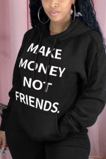 Black hooded Long Sleeve Print Tops