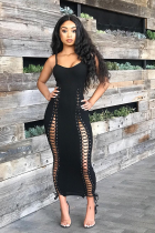 Black Sexy Sleeveless Slip Slim Dress Ankle-Length bandage asymmetrical Solid Club Dresses