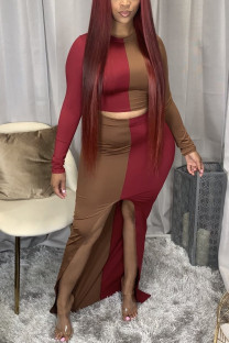 Wine Red Fashion Sexy Patchwork Patchwork Slit O Neck Long Sleeve Two Pieces