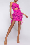 Rose Red Fashion Sexy Print Backless Spaghetti Strap Sleeveless Two Pieces