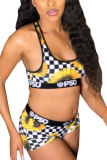Yellow Fashion adult OL Patchwork Print Two Piece Suits Straight Sleeveless Two Pieces