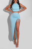 Black Sexy Solid High Opening O Neck Sleeveless Two Pieces