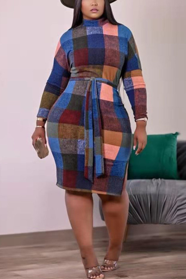 Blue Sexy Print O Neck A Line Dresses