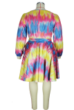 Red Casual Print Patchwork O Neck Cake Skirt Plus Size Dresses