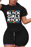 Black Fashion Active adult Letter Patchwork Print Two Piece Suits Straight Short Sleeve Two Pieces
