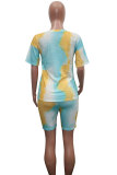 Dark Blue Fashion Sexy adult Patchwork Print Tie Dye Two Piece Suits Straight Short Sleeve Two Pieces