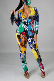Red Fashion Casual Print Basic Zipper Collar Skinny Jumpsuits