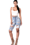 Blue Denim Zipper Fly Button Fly High washing Hole Zippered Pocket Straight Capris Shorts