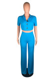 Blue Fashion adult Lightly cooked Two Piece Suits Button Solid Straight Short Sleeve Two-piece