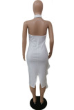 White Sexy Solid Flounce Halter Straight Dresses