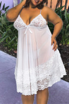 White Sexy Solid Lace Patchwork Spaghetti Strap Sling Dress Plus Size Dresses
