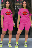 Red Fashion Casual adult Ma'am Print Two Piece Suits Lips Print Straight Short Sleeve Two Pieces