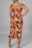Orange Yellow Casual Print Bandage Patchwork U Neck Sleeveless Two Pieces