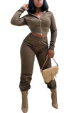 Green Fashion Street Adult Solid Patchwork Hooded Collar Long Sleeve Regular Sleeve Short Two Pieces