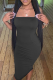 Blue Sexy Solid High Opening Strapless Pencil Skirt Dresses