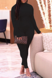 Pink Sexy Solid Patchwork Half A Turtleneck Long Sleeve Two Pieces