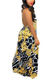 Gold Sexy England Sleeveless Halter Neck Swagger Floor-Length Print bandage hollow out Dresses