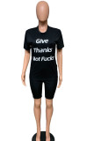 Black Casual Print Straight Short Sleeve Two Pieces