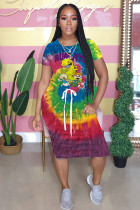 multicolor Fashion Casual adult White Blue Green Pink Yellow Multi-color multicolor Cap Sleeve Short Sleeves O neck A-Line Mid-Calf Print Patchwork Ombre bandage Dresses
