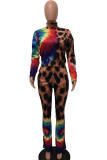 Gold venetian Fashion Active adult Ma'am Leopard Print Two Piece Suits Straight Long Sleeve Two Pieces