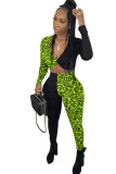 Blue Sexy Patchwork Two Piece Suits Leopard Straight Long Sleeve