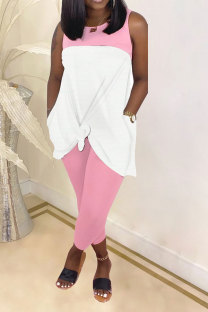 Pink Fashion Casual adult Patchwork Solid Two Piece Suits pencil Sleeveless Two Pieces