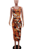 Orange Yellow Casual Print Bandage Patchwork U Neck Sleeveless Two Pieces