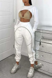 White Fashion Sexy Solid Hollowed Out Patchwork Backless O Neck Long Sleeve Two Pieces