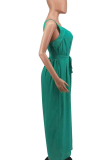 Green Casual Solid Patchwork Spaghetti Strap Loose Jumpsuits