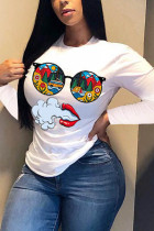 White Casual Character O Neck Tops