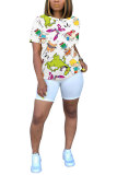 Blue White Blue Orange Yellow colour O Neck Short Sleeve Patchwork Print Character Tops