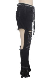 Black Denim Zipper Fly Button Fly High washing Hole Zippered Pocket Boot Cut Pants Pants