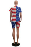 Red and blue Fashion adult Lightly cooked Striped Patchwork Print Two Piece Suits Straight Short Sleeve Two Pieces