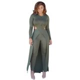 Army Green Elastic Fly Mid Hooded Out Split Skinny shorts Two-piece suit