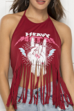 Burgundy Sexy Print Tassel Halter Tops
