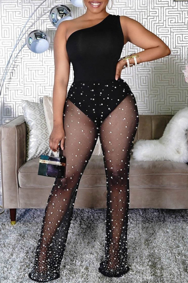 Black Fashion Sexy Patchwork See-through One Shoulder Skinny Jumpsuits