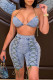 Baby Blue Fashion Sexy Solid Backless Strap Design Halter Sleeveless Two Pieces