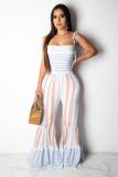 Blue Fashion Casual Draped Print Striped Sleeveless Slip Jumpsuits