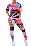 colour venetian Fashion Casual adult Ma'am Print Two Piece Suits pencil Short Sleeve Two Pieces