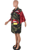 Green Turndown Collar Patchwork Sequin Lips Print The cowboy Patchwork Long Sleeve Denim jacket
