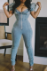 Baby Blue Sexy Solid Patchwork V Neck Short Sleeve Skinny Denim Jumpsuits
