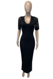 Black Fashion Solid Patchwork V Neck Short Sleeve Dress