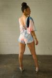 Pink Fashion Sexy Print Button Short Sleeve Rompers