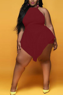 Wine Red Fashion Sexy adult Ma'am O Neck Patchwork Solid asymmetrical Stitching Plus Size