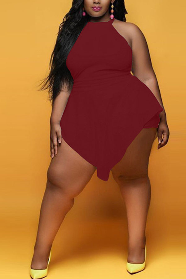Wine Red Fashion Sexy adult Ma'am O Neck Patchwork Solid asymmetrical Stitching Plus Size