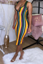 Wine Red Fashion Sexy Red Blue Pink Yellow Wine Red Navy Blue Tank Sleeveless V Neck Hip skirt Knee-Length Striped Dresses