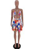 Multicolor Fashion Sexy Print Bandage Backless Halter Sleeveless Two Pieces